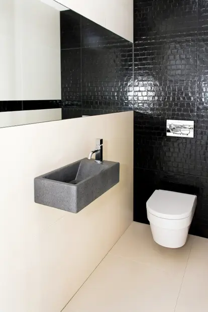 Small bathroom with black accent wall.