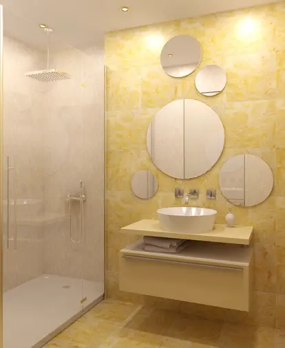 Small bathroom with multiple mirrors
