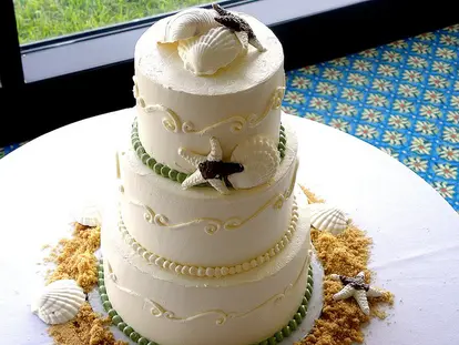 Beach themed shell wedding cake. Source: Flickr http://www.flickr.com/photos/lleescarolinacakesandconfections/4548790109/ Permission to use this image was secured from the photographer and e-mailed to permissions@lovetoknow.com.