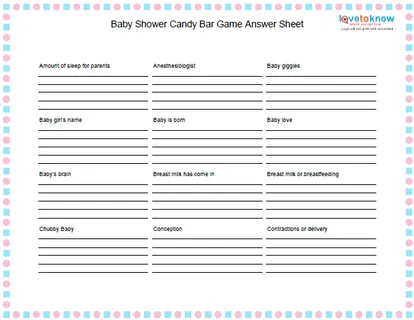 Baby shower candy bar game answer sheet