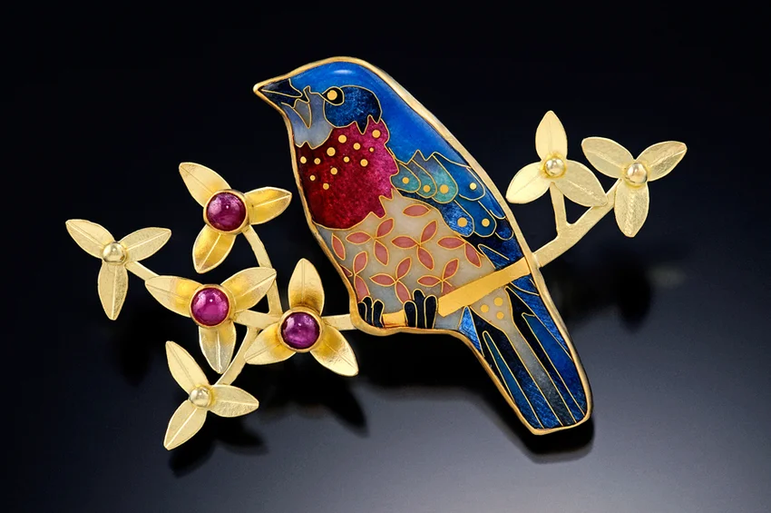 Photo of cloisonne bluebird brooch taken by Larry Sanders of juryimage.com