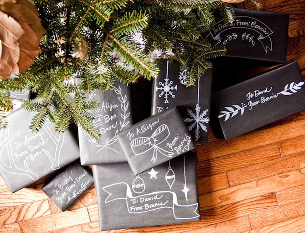 chalkboard gift wrap packages http://goinghometoroost.com/2012/christmas/christmas-chalkboard-packaging/