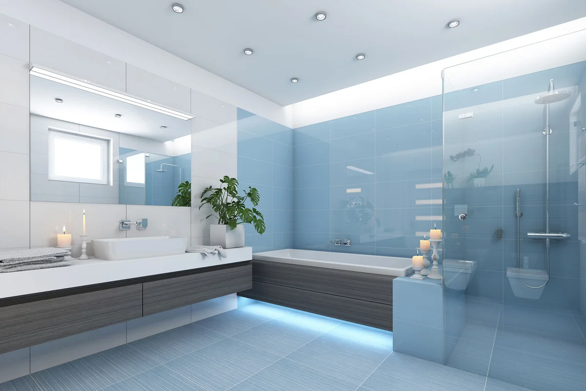 Pale Blue and White Bathroom with Wood Grain