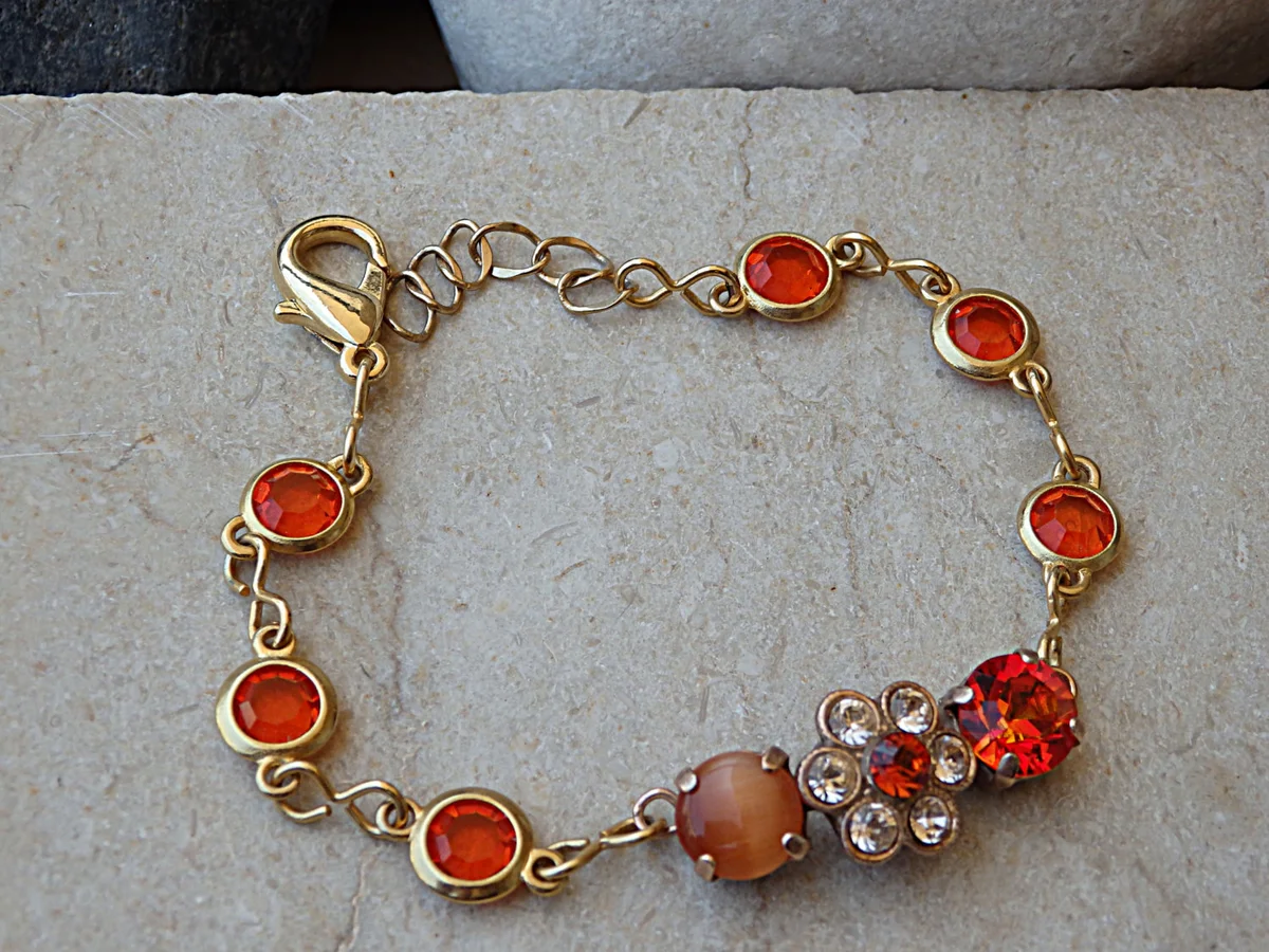 Orange bracelet. Chanel inspired jewelry. Swarovski bracelet. Flowers chanel bracelet. Gold Dainty jewelry.