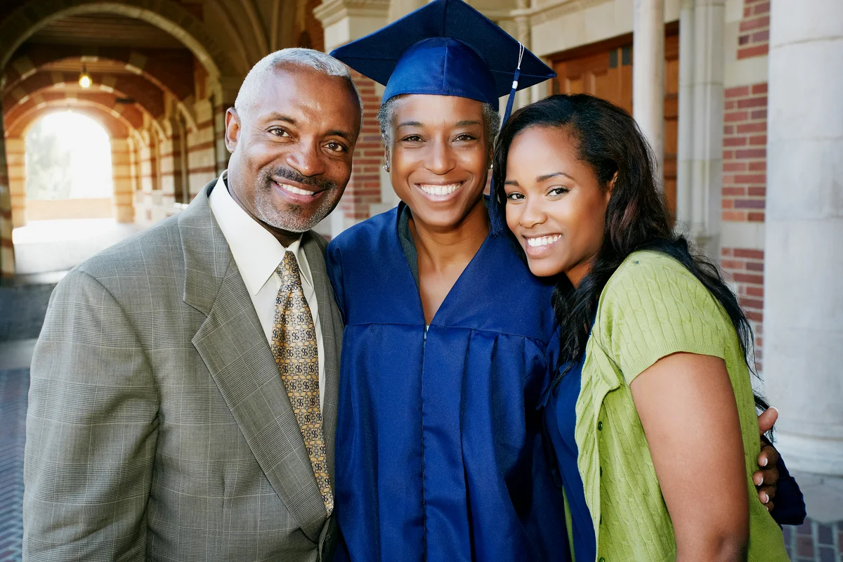 Proud family standing with graduate