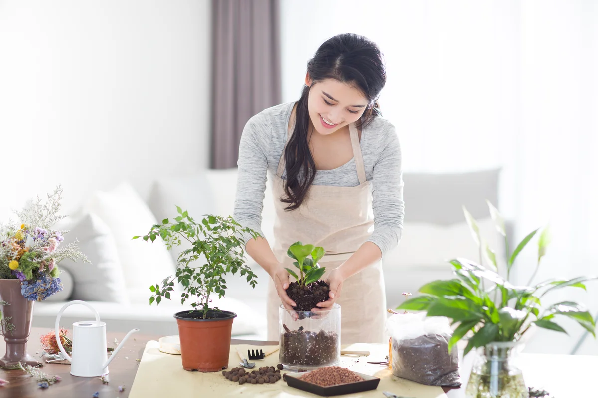 Young woman planting a potted plant