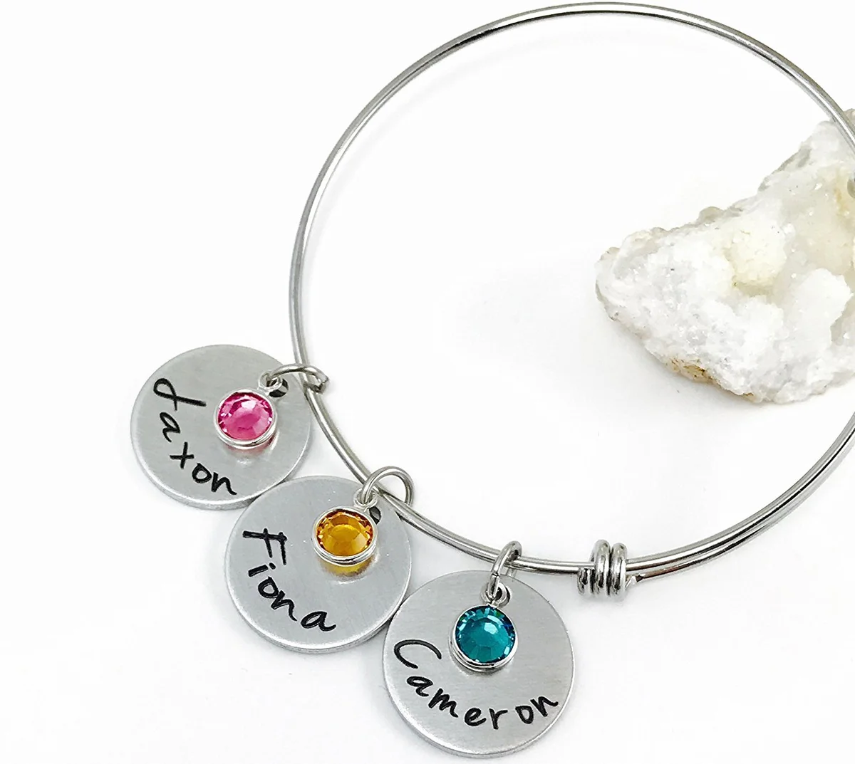 Personalized Mothers Bangle Bracelet with Birthstone Charms and Names