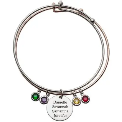 Personalized Expandable Double-Bangle Bracelet with Sterling Silver Names Disc and Birthstone Charms