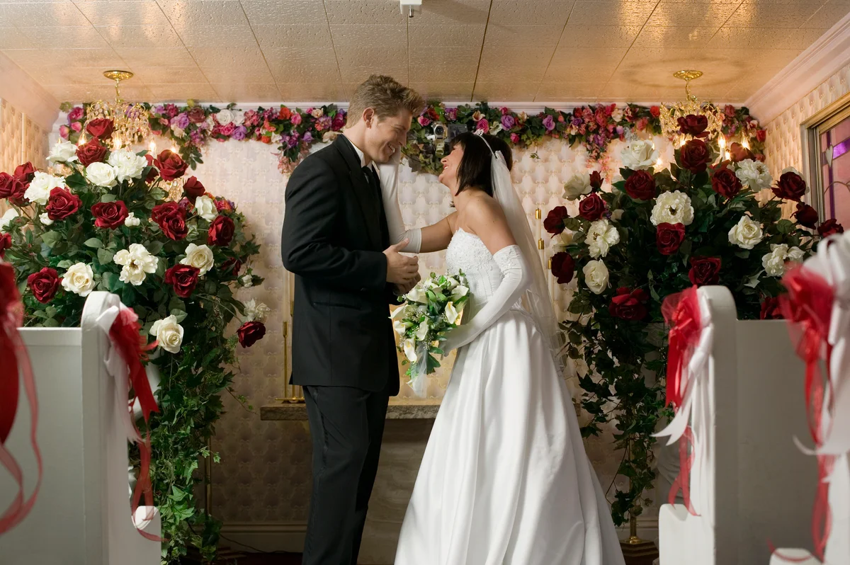 Vegas wedding couple in chapel