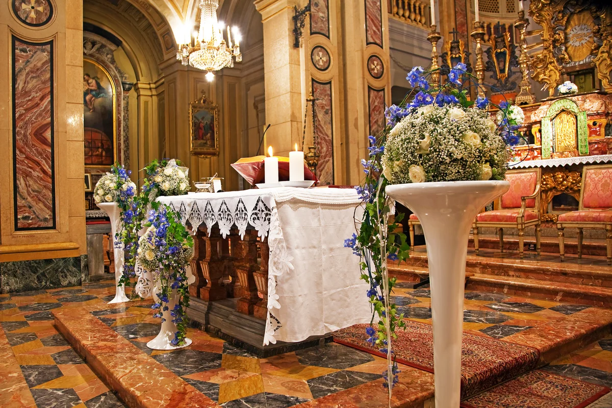 wedding altar with flower pedestals