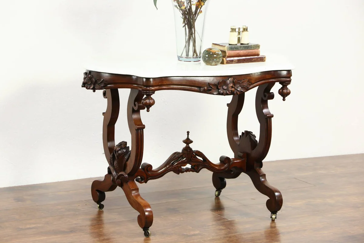 Victorian 1850's Antique Marble Top Carved Walnut Parlor Lamp Table