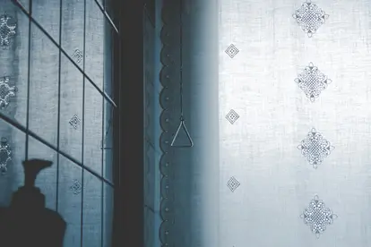 bathroom accented with textile panel