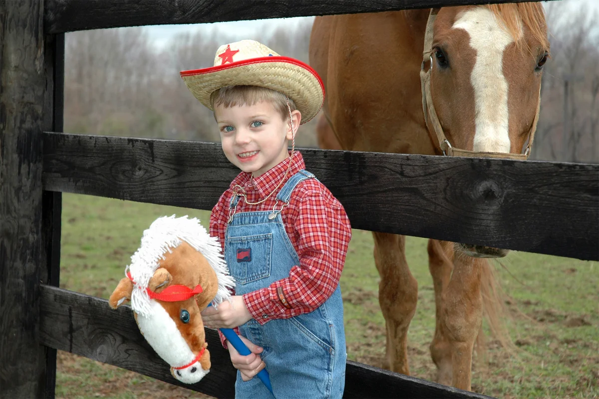 Young boy in cowboy costume with horse