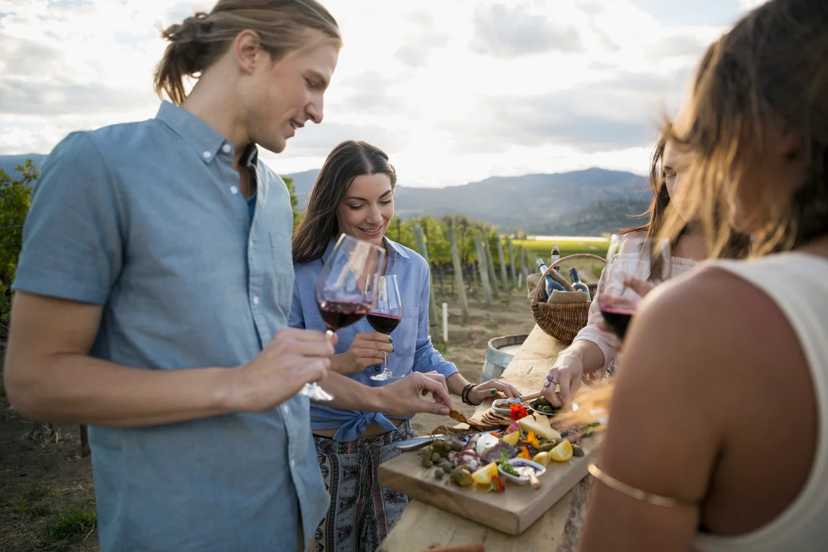 Friends enjoying wine tasting in vineyard