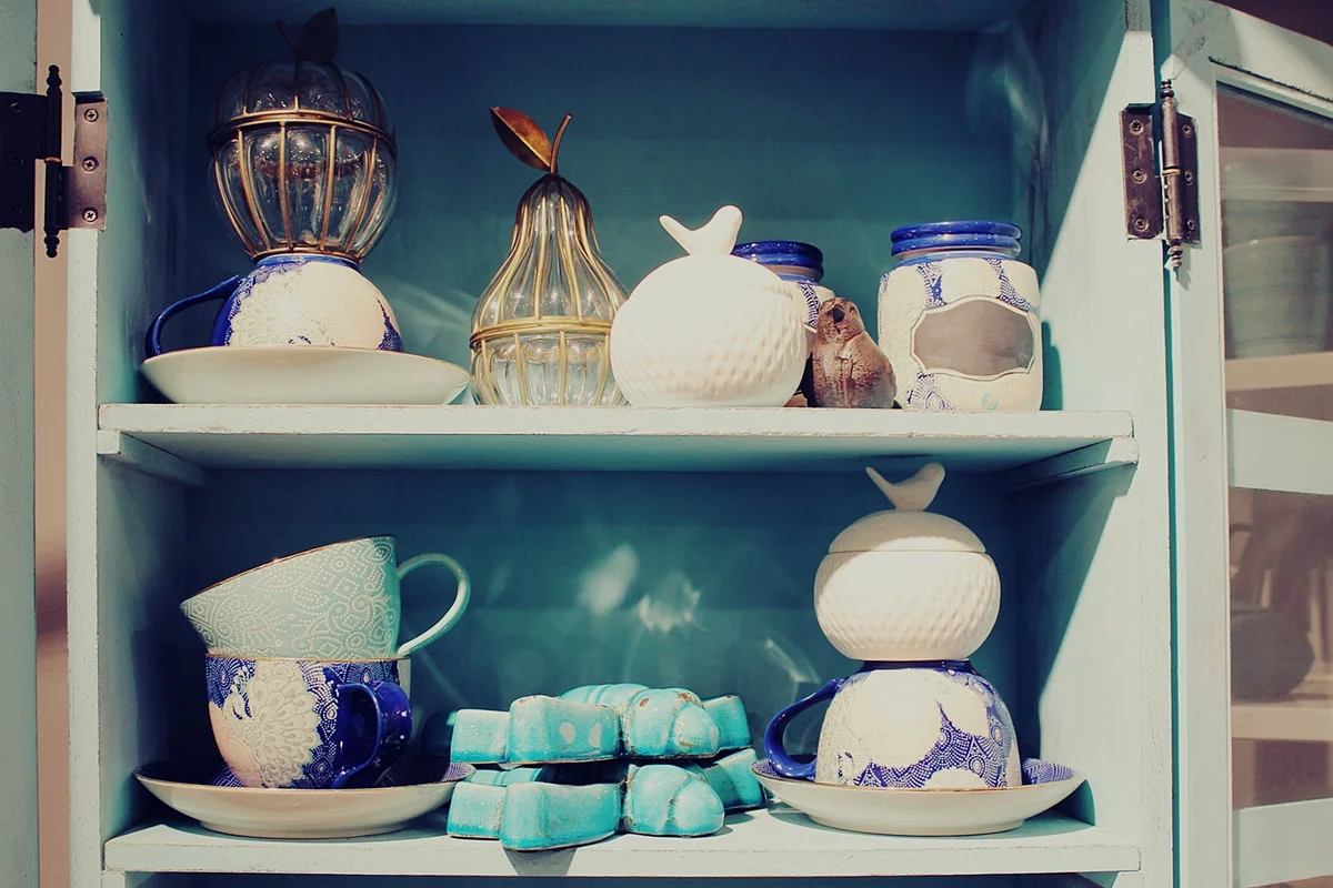 Blue painted cabinet interior