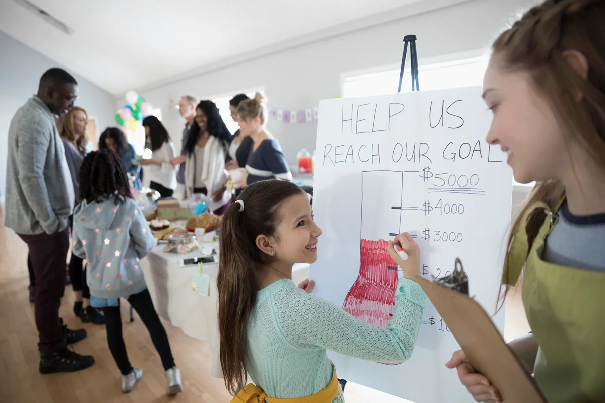 Girls filling in fundraising goal poster