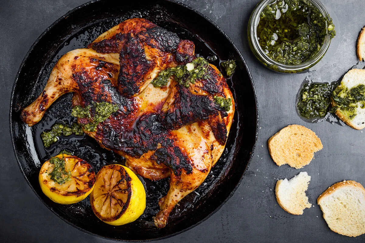 Barbequed chicken with chimichurri sauce