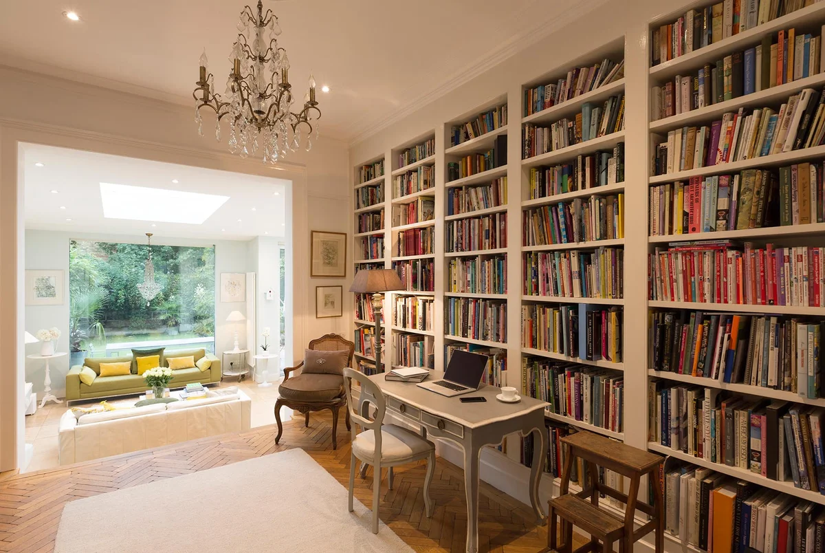 Books on bookshelves in elegant room
