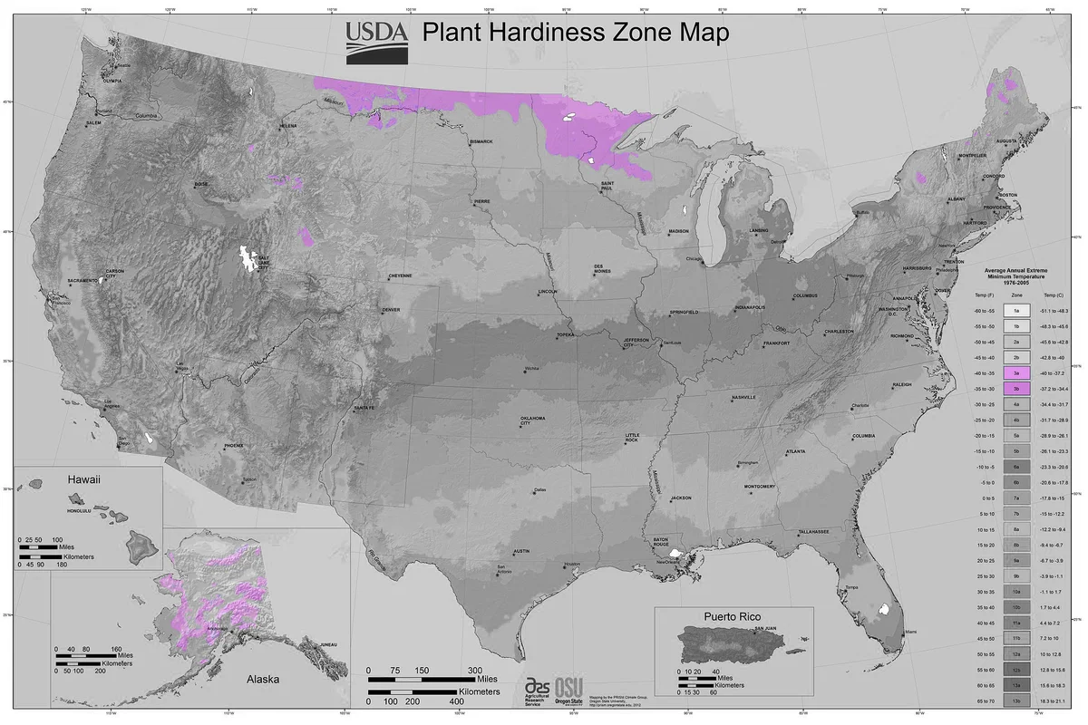 USDA Plant Hardiness Zone Map - By USDA-ARS and Oregon State University (OSU) [Public domain], via Wikimedia Commons