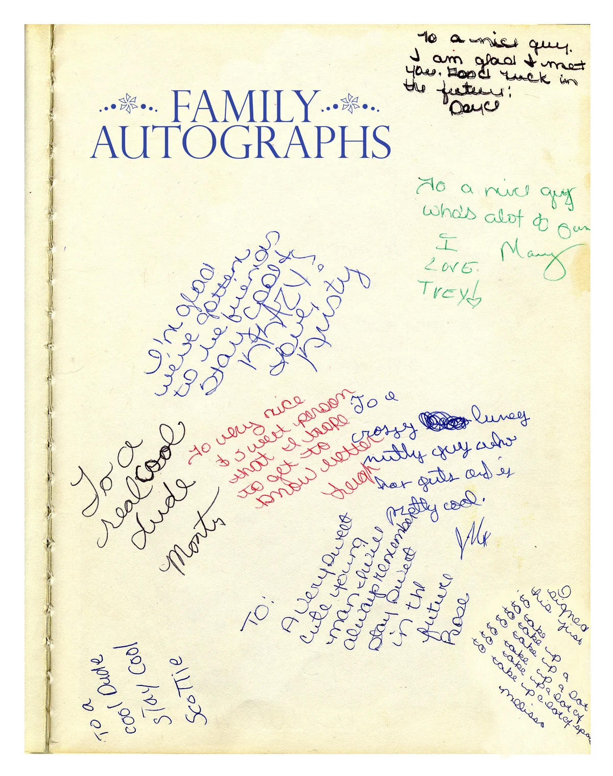 Family autographs page in family yearbook