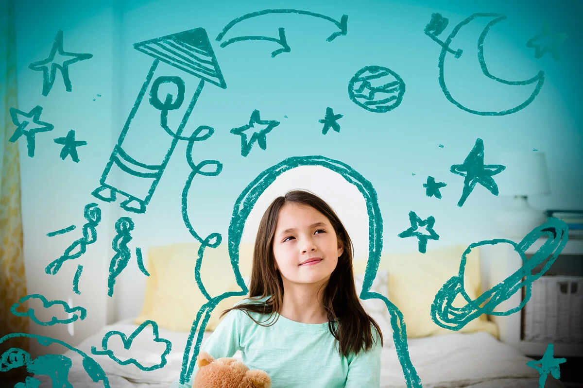 Girl with space doodles surrounding head