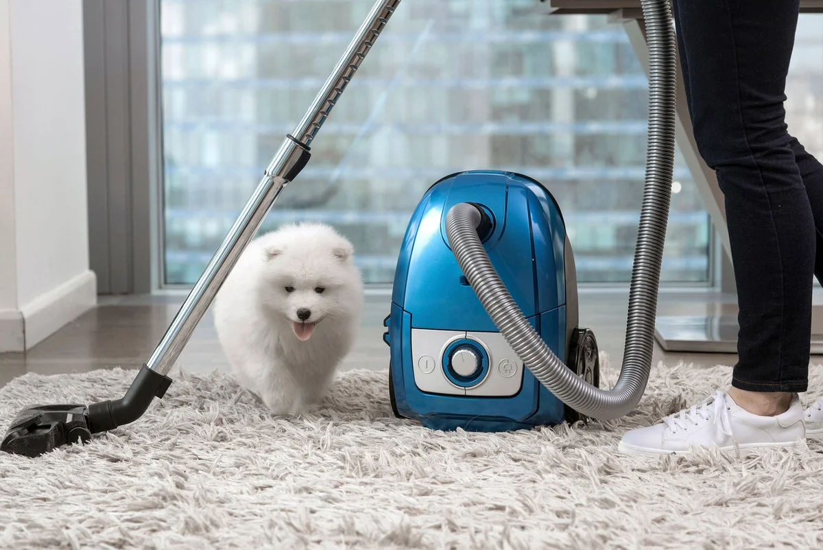 Woman vacuuming shag rug