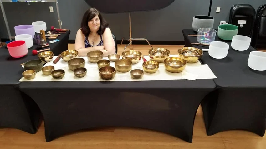 the author with some of her singing bowls