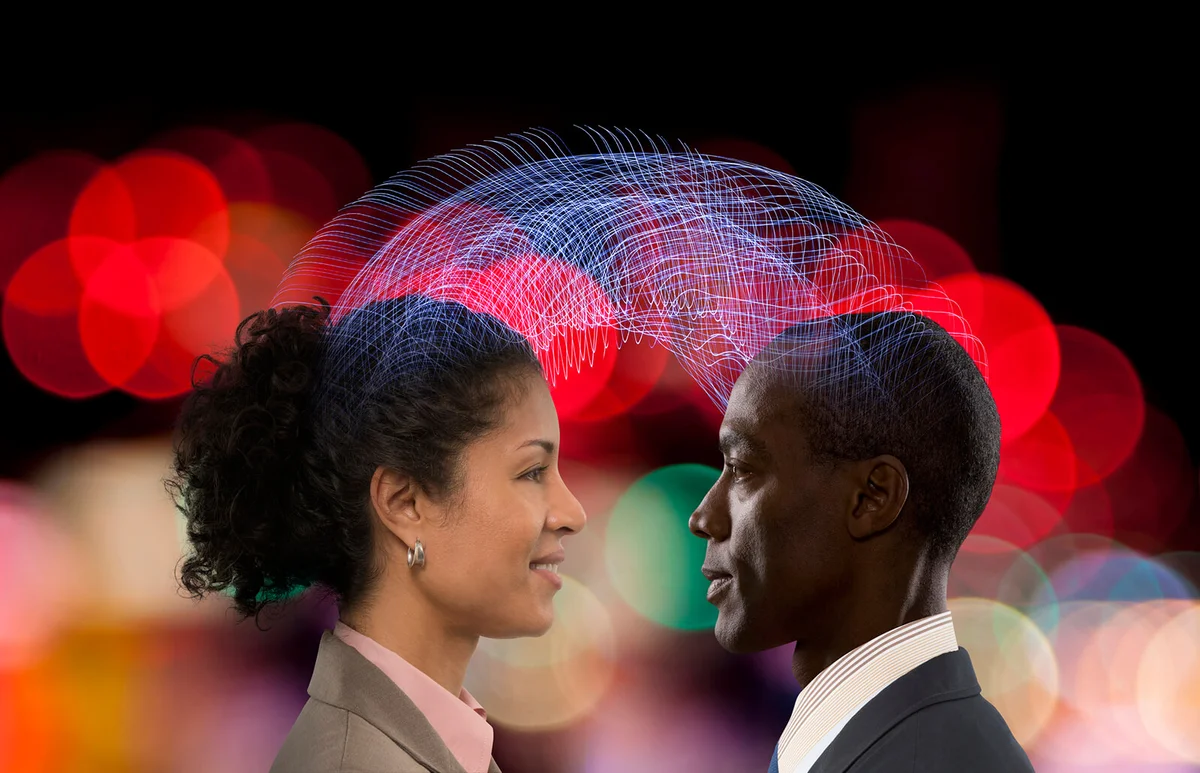 Man and woman communicating using telepathy