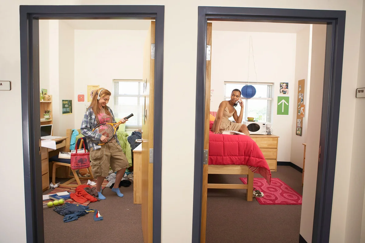 Young women in neat and messy dorm rooms
