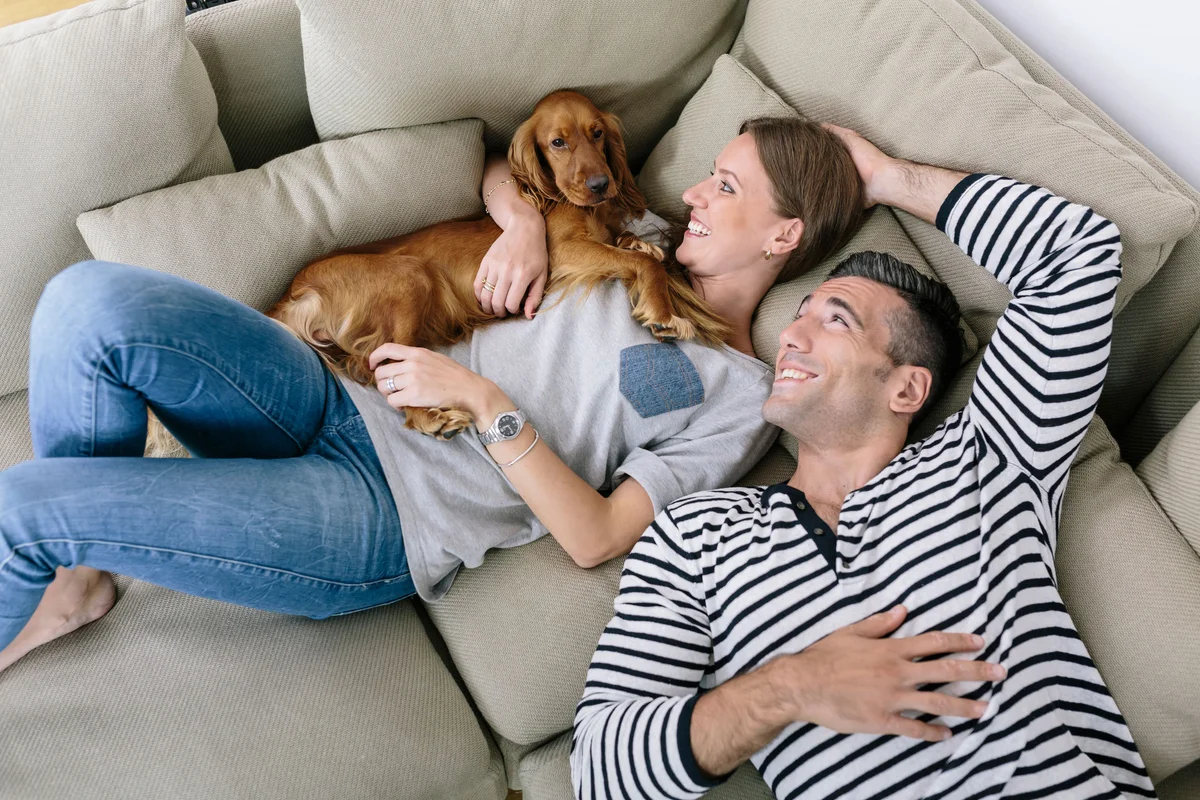 Happy couple on couch with dog