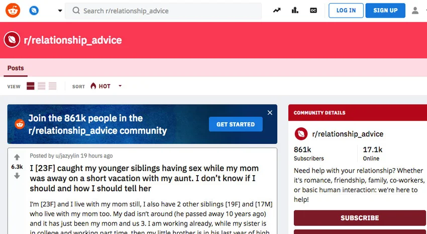 Screenshot of reddit.com relationship advice page