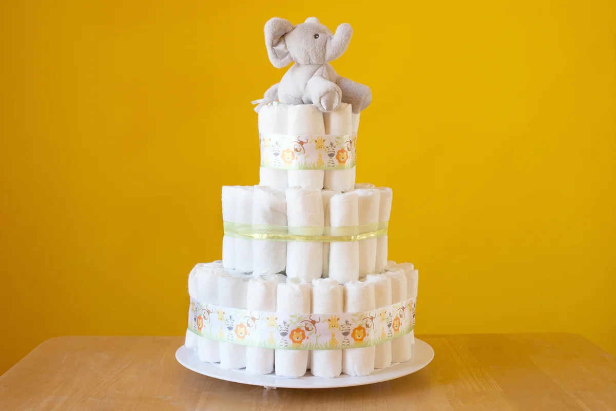 Diaper cake with stuffed elephant
