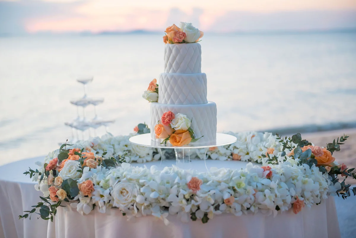 Quilted wedding cake on table