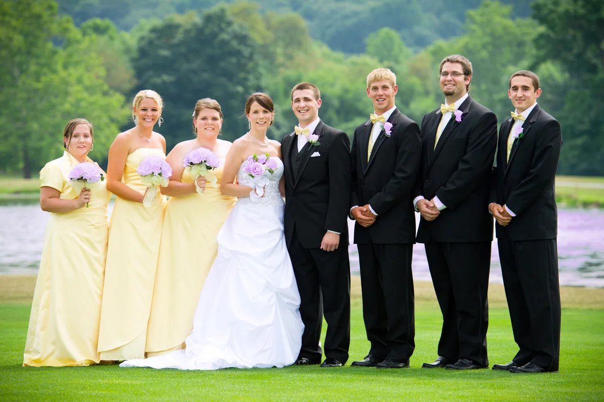 Bridal Party Portrait with Lake Background