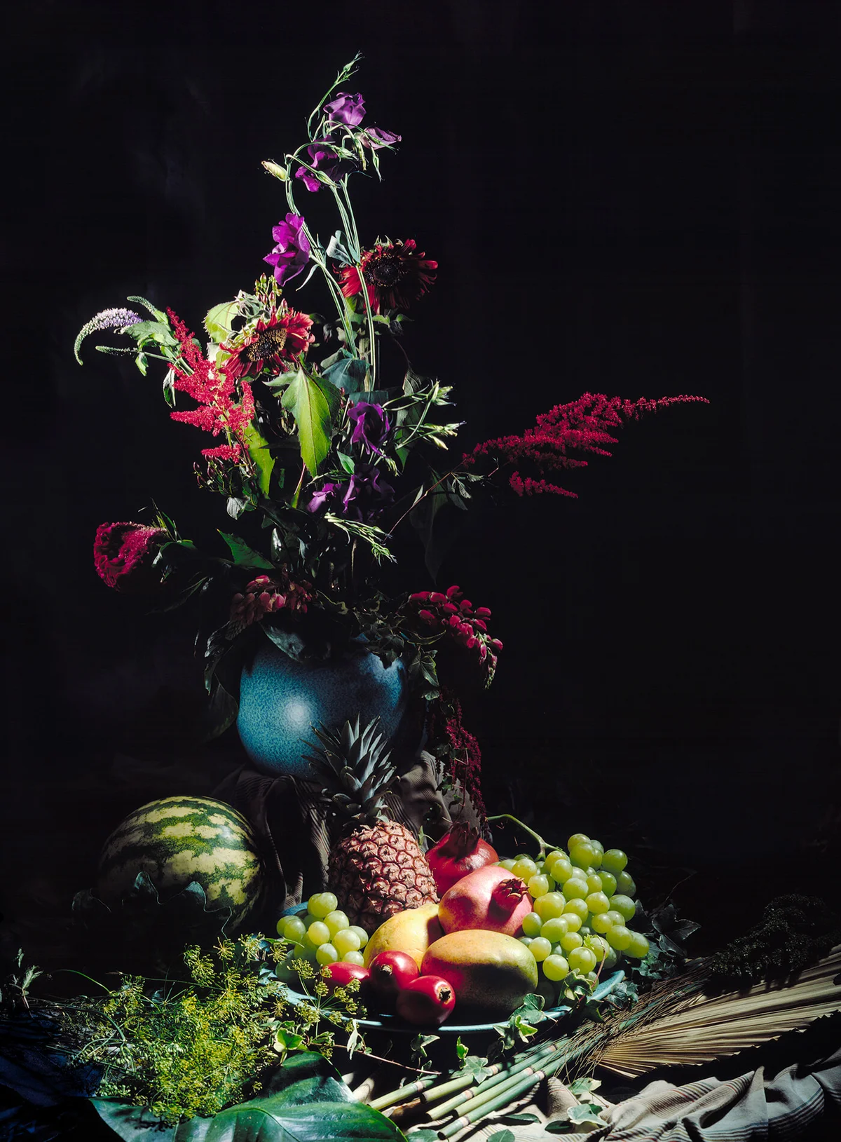 Still life with flowers and fruits