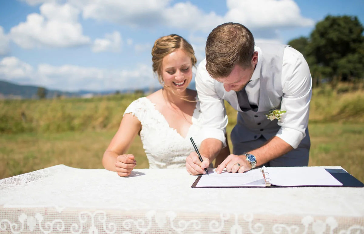 Bride and groom signing marriage license