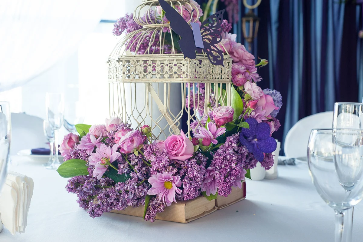 Purple and lavender birdcage centerpiece