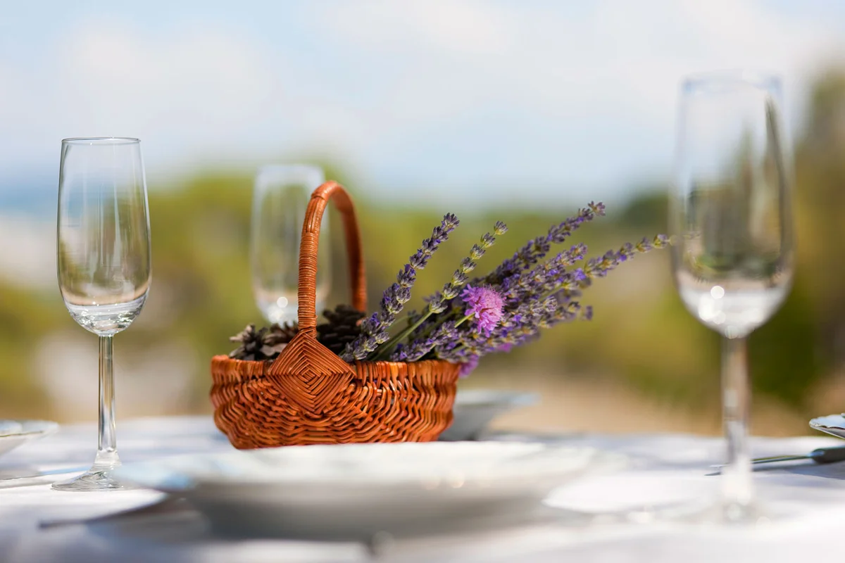 Basket of lavender on set table