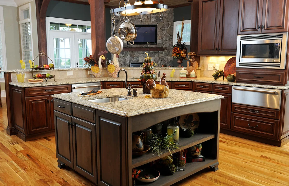 Interior of an elegant kitchen with marble countertops