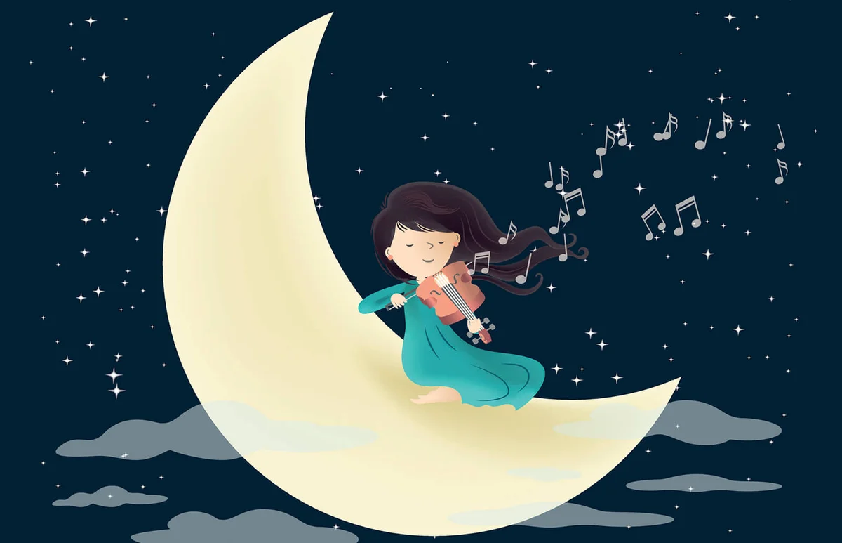 Playing violin on the moon in night with many stars