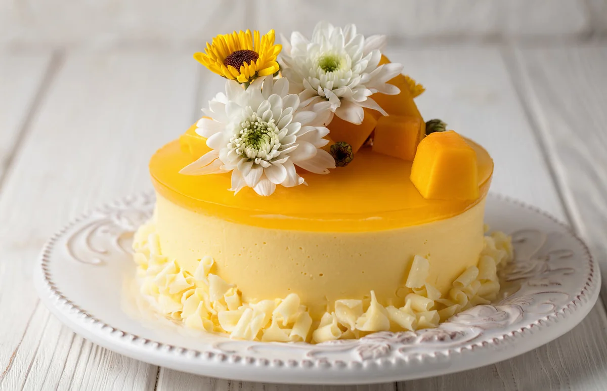 Mango cheesecake with yellow jelly topping