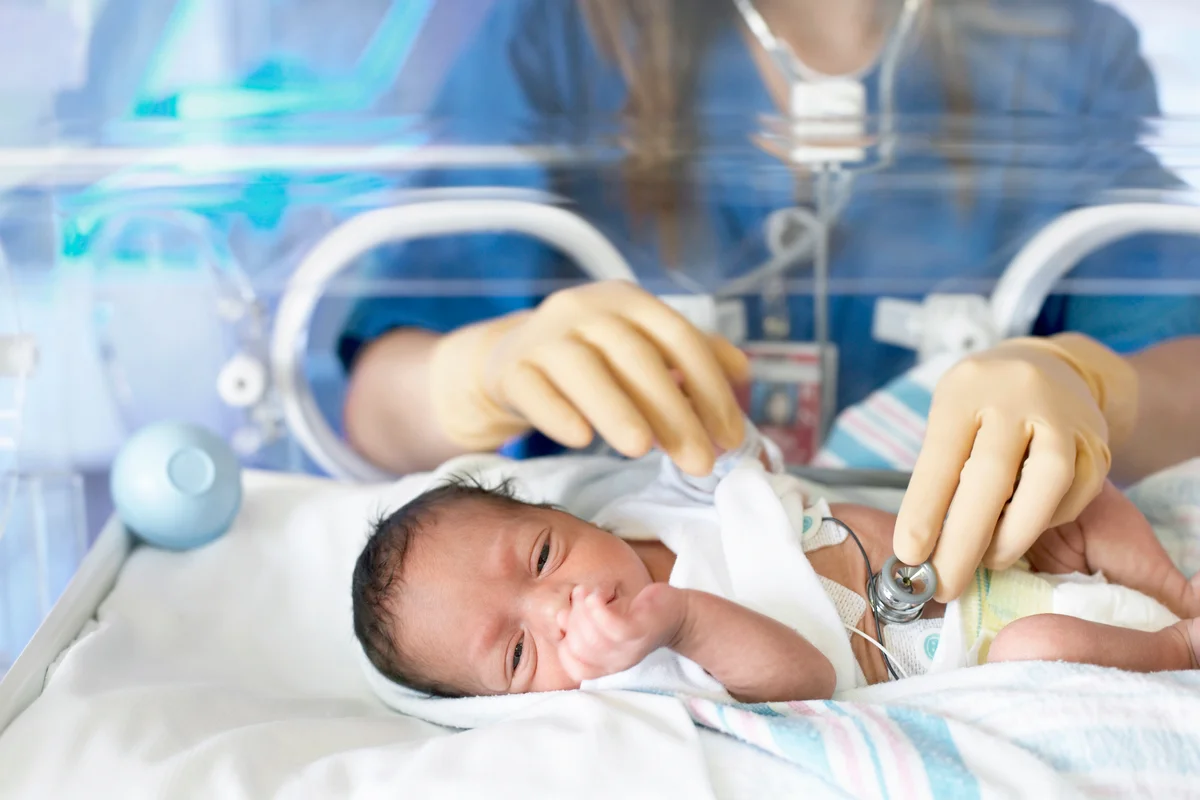 Doctor examining newborn baby in incubator