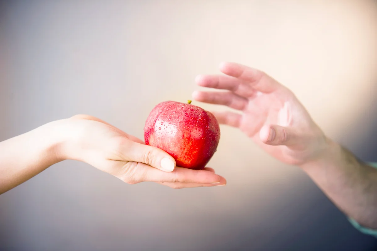 Hand of woman offering red apple to man