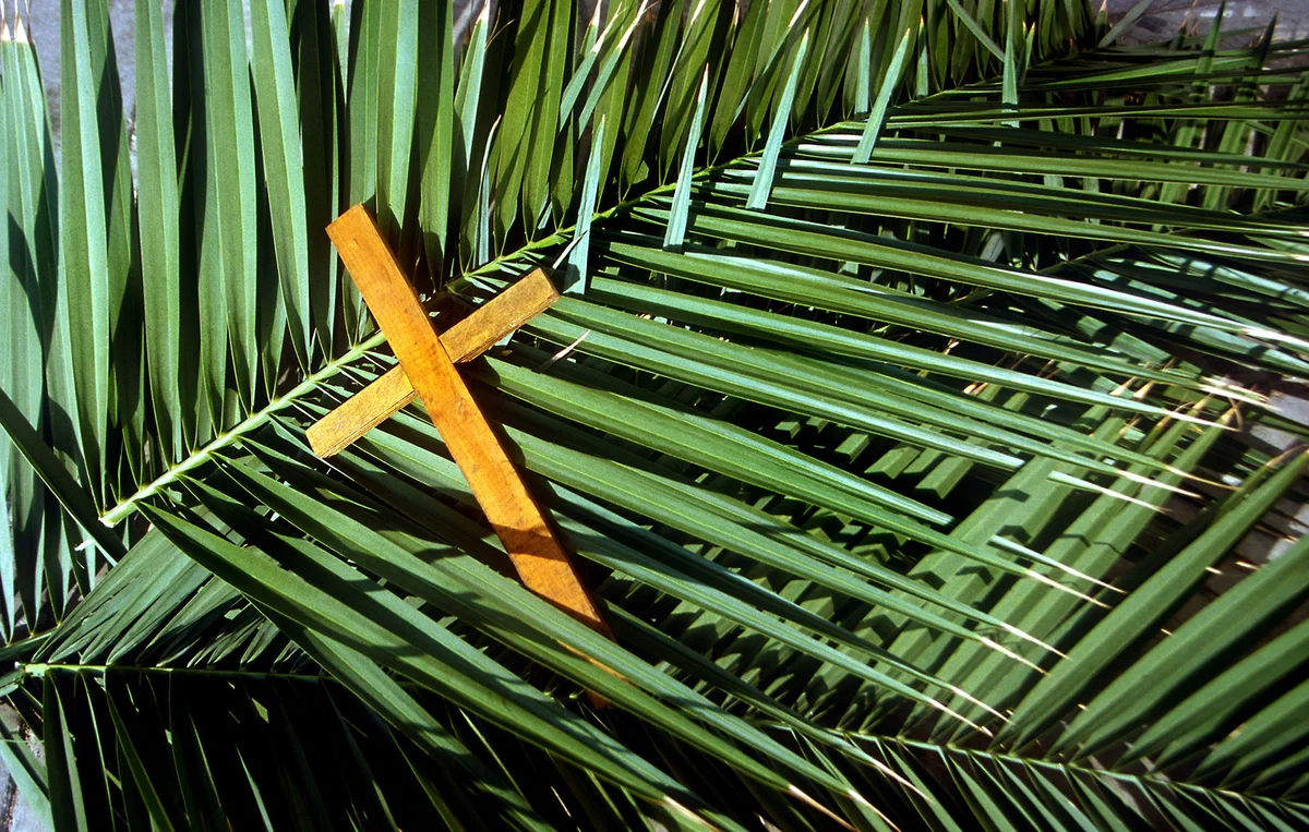 Wooden cross on palm leaves