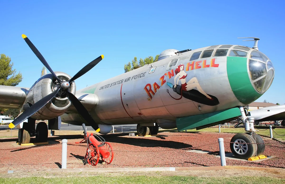 Boeing B-29A Superfortress fully restored and on display at Castle Air Museum in Atwater, California, U.S.A. Nose art "Raz'n Hell".