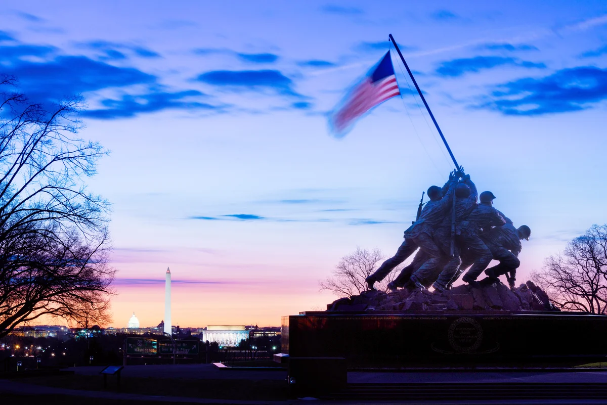 The Marine Corps War Memorial at sunrise in Arlington