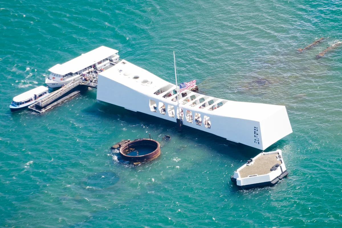 Aerial view of USS Arizona Memorial, World War II Valor in the Pacific National Monument, Honolulu, Oahu, Hawaii, USA