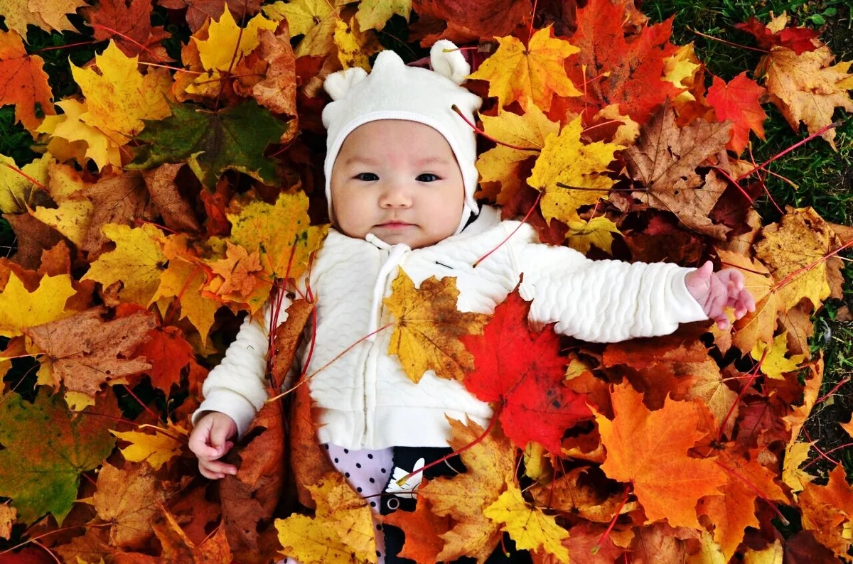 baby in autumn leaves