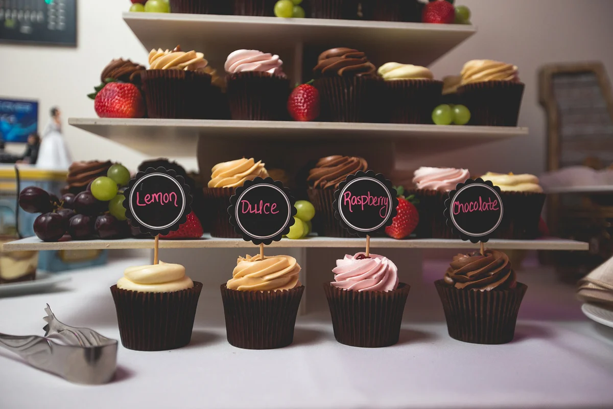 Tiered display of flavored cupcakes