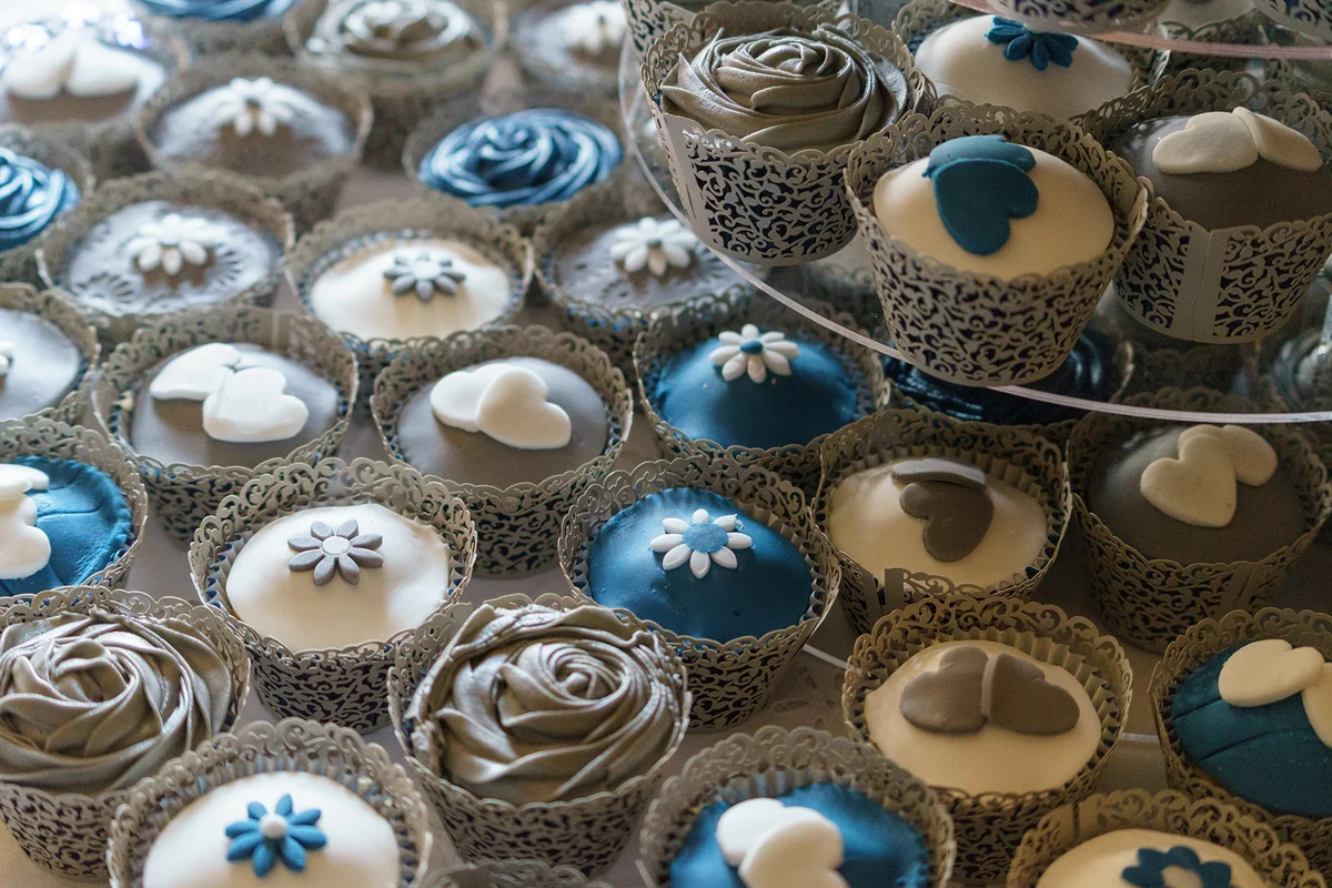 Blue and white decorated cupcakes